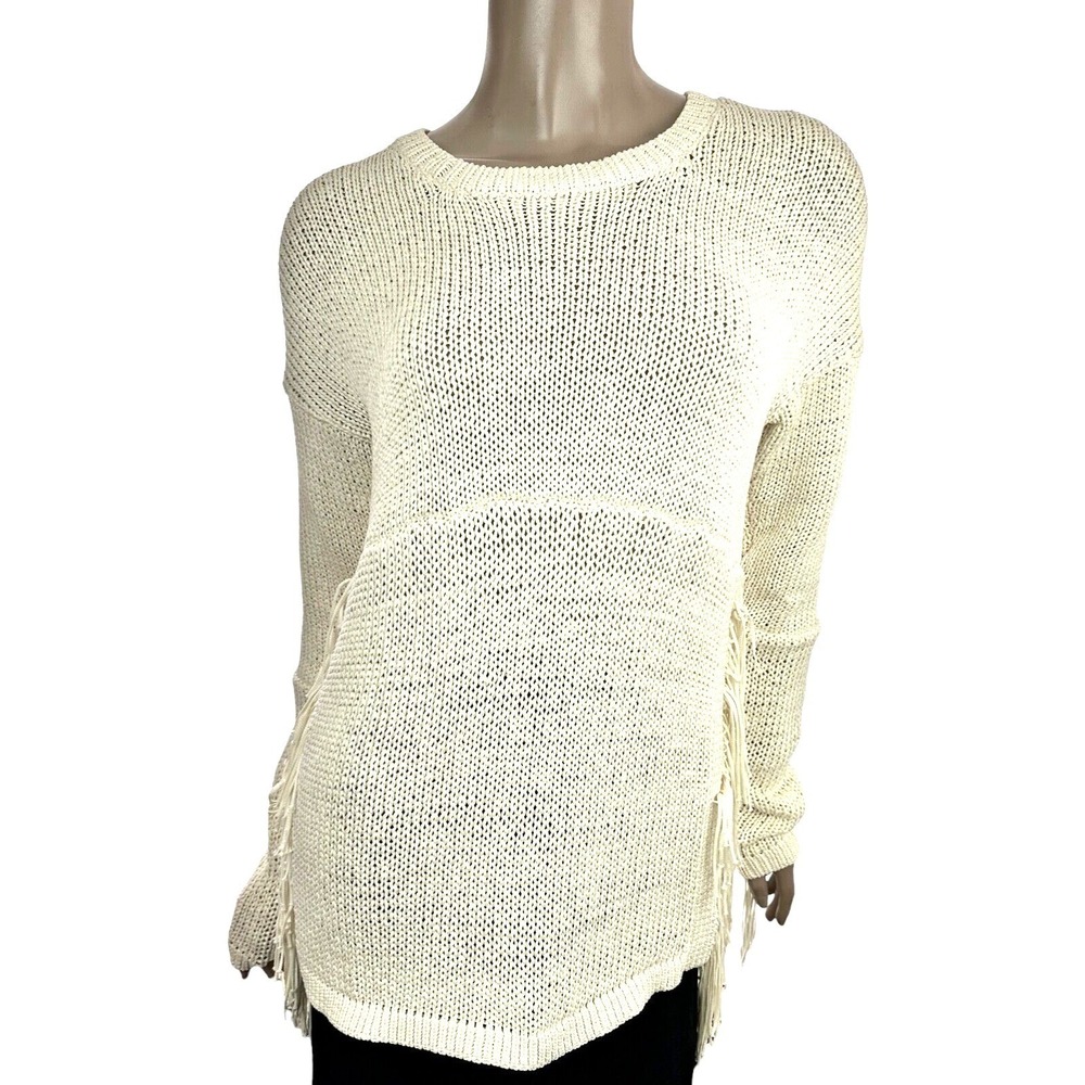 Candela 'Faith' Ivory White Sweater w Fringe Sz XS Crew Neck Open Weave Pullover